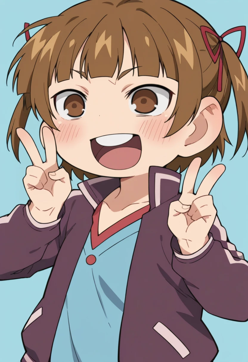 score_9, score_8_up, score_8, source_anime, <lora:MitsubaMarui:0.85> chibi, 1girl, brown hair, brown eyes, empty eyes, solo, twintails, short twintails, short hair, hair ribbon, purple jacket, blue shirt, blush, happy, laugh, v sign,
simple background, light blue background,