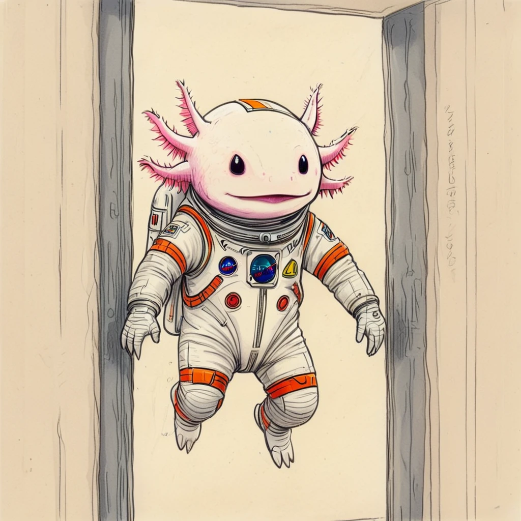 (extremely poorly drawn simple crayon drawing:1.4) 2d, <lora:axomodel2:1> axomodel2, Axolotl wearing a space suit in a rocket ship, floating but bumping into the walls ,
