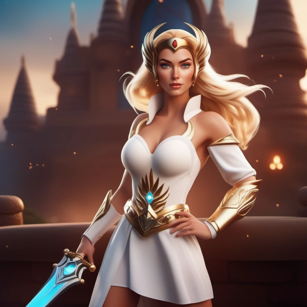 cinematic photo a cartoon blond woman with a white outfit and a sword, fantasy background  <lora:She-ra-1024:0.8> . 35mm photograph, film, bokeh, professional, 4k, highly detailed