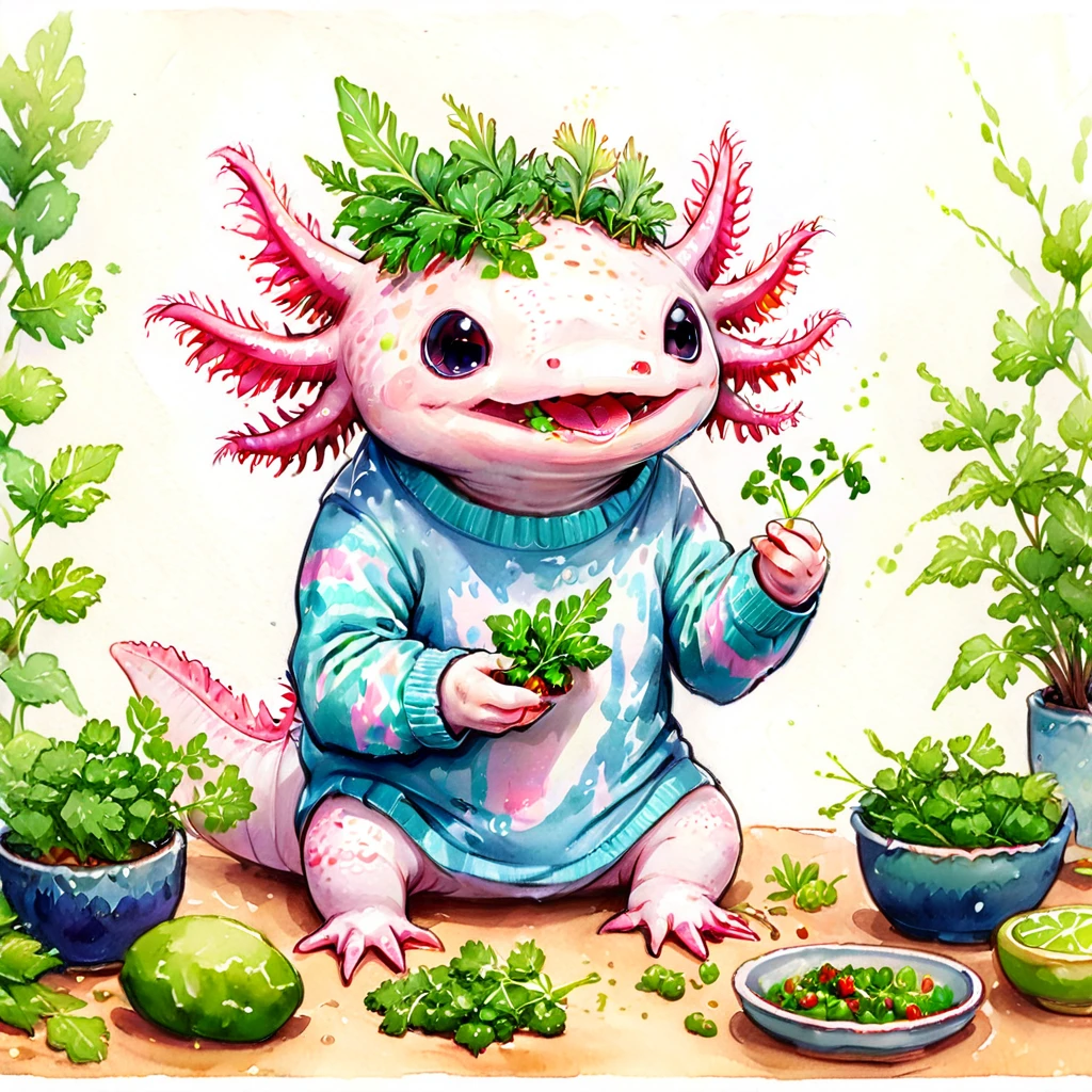 (watercolor artwork of:1.5) 2d, <lora:axomodel2:1> axomodel2, axolotl wearing jumper clothing, eating cilantro food,