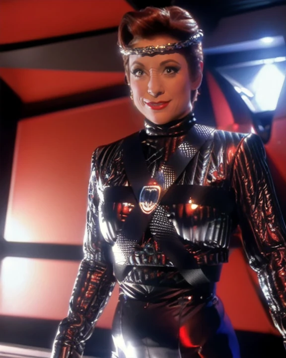 <lora:majorkira_lora:0.8>, majorkira, female, short auburn hair, ridges on nose bridge, wearing silver circlet, wearing lipstick, nana visitor, wearing mirroruniverseoutfit, wearing black quilted latex catsuit, wearing belted harness with metal emblem, posing, portrait, front view, medium shot, sci-fi space station interior background