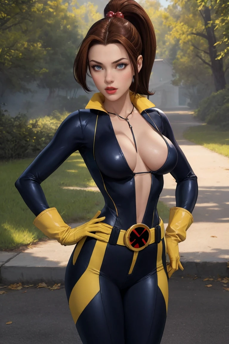 KittyPryde_Shadowcat_ownwaifu, 
1girl, brown hair, ponytail, lipstick, blue eyes, makeup, hair ornament, red lips, long hair, breasts, high ponytail, hair bobbles, medium breasts, 
gloves, belt, bodysuit, yellow gloves, 
<lora:CARTOON_X_MEN_Evolution_KittyPryde_ownwaifu:0.65> 
(masterpiece),(best quality),(highres),(extremely detailed CG unity 8k wallpaper), cowboy shot, looking at viewer, solo, focused, outdoors, day,