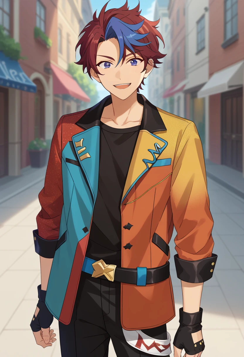 score_9, score_8_up, score_7_up, masterpiece, best quality, solo, cute, male focus,Nice Arneb Thunder, multicolored hair, red hair, rainbow jacket, black shirt, black pants, black fingerless gloves, belt, white boots<lora:EMS-362853-EMS:1.000000>, <lora:EMS-362379-EMS:0.500000>