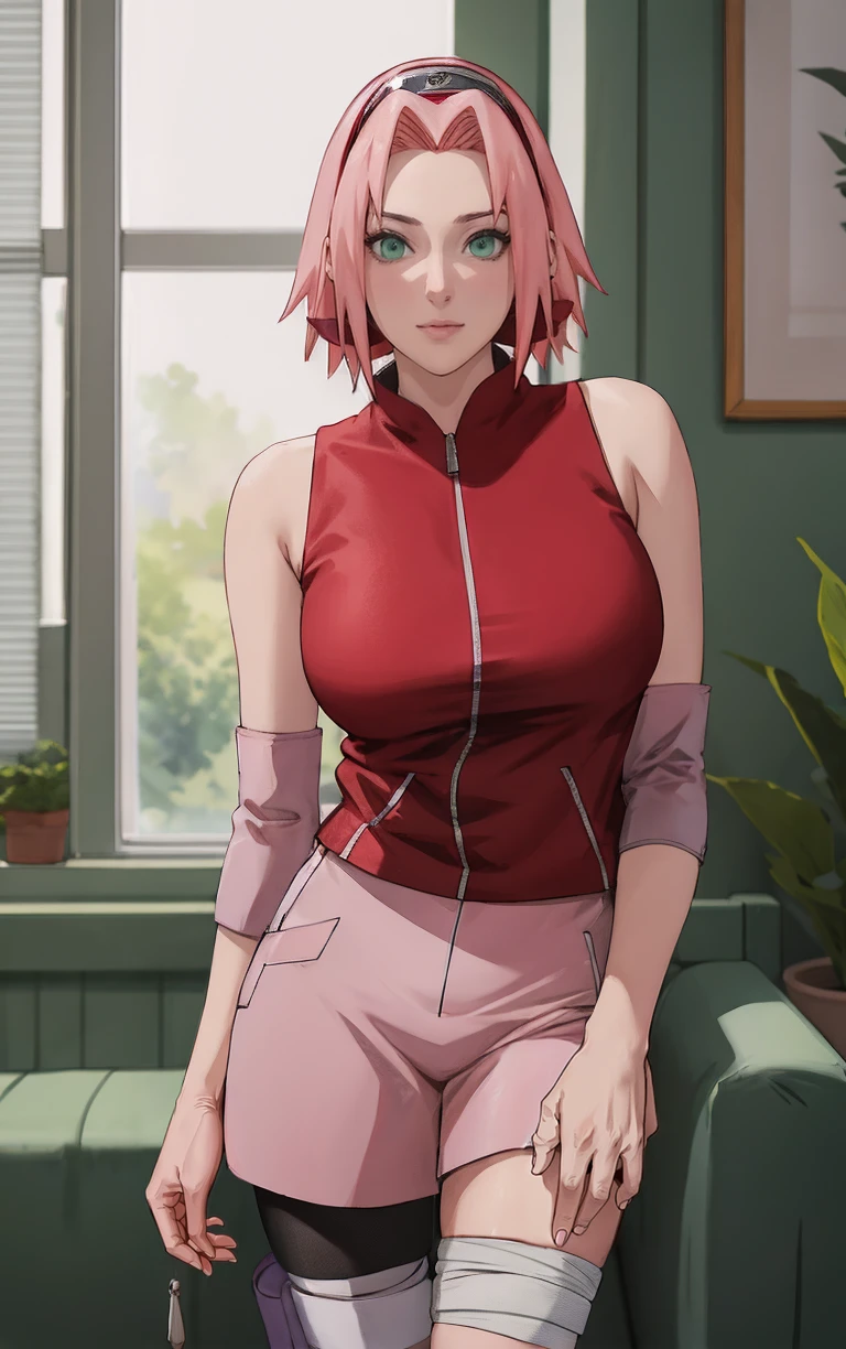 NARUTO_Sakura_Combat_ownwaifu,
1girl, haruno sakura, short hair, pink hair, green eyes, hair intakes, collarbone, forehead protector, headband, red hairband, konohagakure symbol,
bare shoulders, bandages, sleeveless jacket, red jacket, bike shorts, black shorts, leg wrap, bandaged leg, elbow pads, zipper, zipper pull tab,
<lora:NARUTO_SakuraHaruno_ownwaifu:0.7> ,
((masterpiece)),((best quality)),(highres, absurdres), original, official_art, chromatic_aberration, bokeh, depth_of_field, window, wisteria, loaded_interior, skylight, sunset, sunbeam, indoors, window_shade, window_blinds, curtains, potted_plant, focused, looking at viewer, solo, cowboy shot,