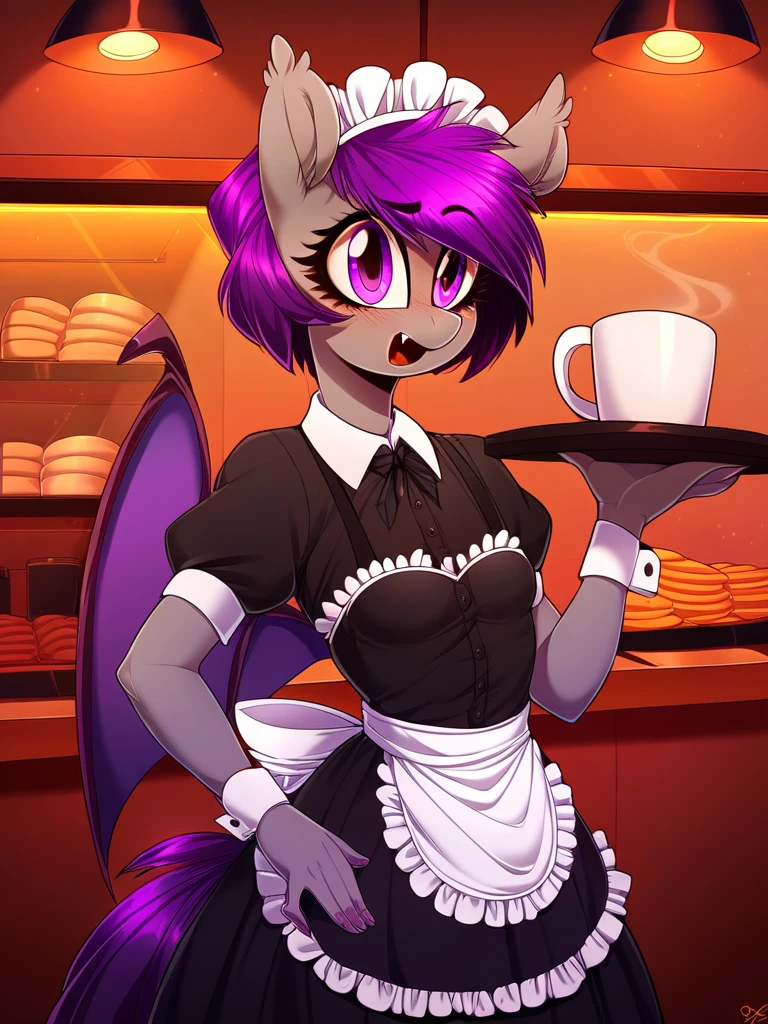 score_9, score_8_up, score_7_up, score_6_up, score_5_up, score_4_up, source_pony, anthro, Nolegs_PonyXL, 1girl, solo, (gray skin, purple eyes, fang, short purple hair, purple tail, small breasts), (maid uniform), holding tray, coffee mug, disposable cup, cafe, crowd, detailed face, detailed eyes, crisp, detailed background, <lora:nolegs-v2:1>