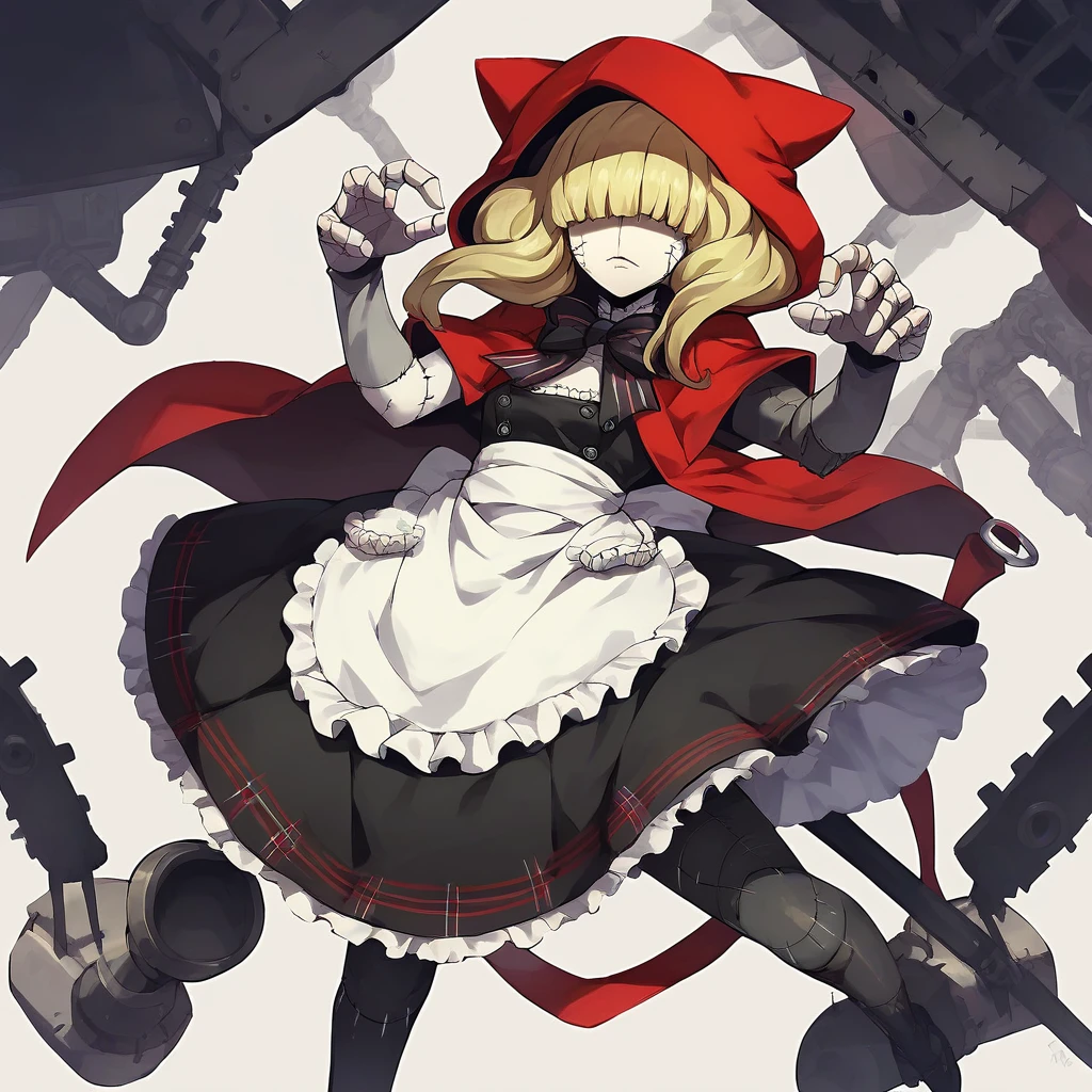 score_9, score_8_up, score_7_up, score_6_up, score_5_up, score_4_up, rating_safes,source_anime,cutscene from persona 5,1girl,solo,red hood,maid dress,bowtie,blonde hair,hair over eyes,shaded face,stitches,patchwork,  dynamic pose,full body,chaperomon standing in factory,indoors,<lora:ChaperomonXL:0.9>