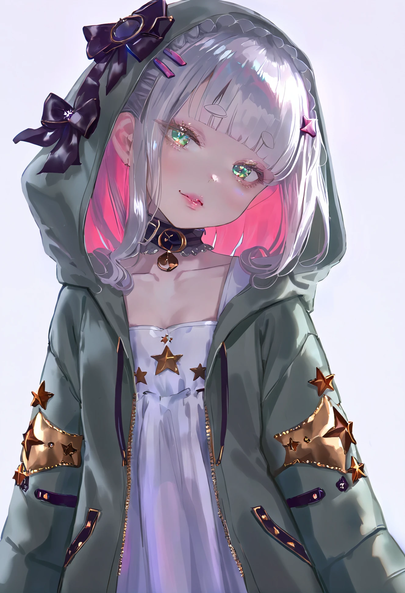 masterpiece, best quality,
1girl,   
solo, virtual youtuber, long hair, looking at viewer, parted lips, long sleeves, blue eyes, upper body, hair ornament, hood, bangs, jacket, star \(symbol\), dress, white hair, multicolored eyes, blush, hairclip, green eyes, collarbone, hooded jacket, white background, blunt bangs, wavy hair, green jacket, hood down, choker, white dress, simple background, wide sleeves, head tilt, sidelocks
 <lora:1111111XLlokr8f-000187:0.95>