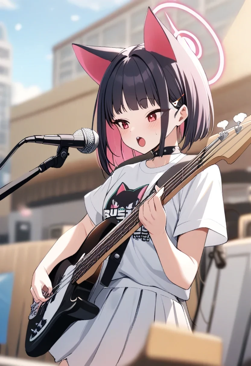 1girl, kazusa \(band\) \(blue archive\), white t-shirt, print shirt, white skirt, animal ears, bass guitar, microphone, singing, playing instrument, outdoors, day, city, blurry background<lora:sugar_rush_v2:1>