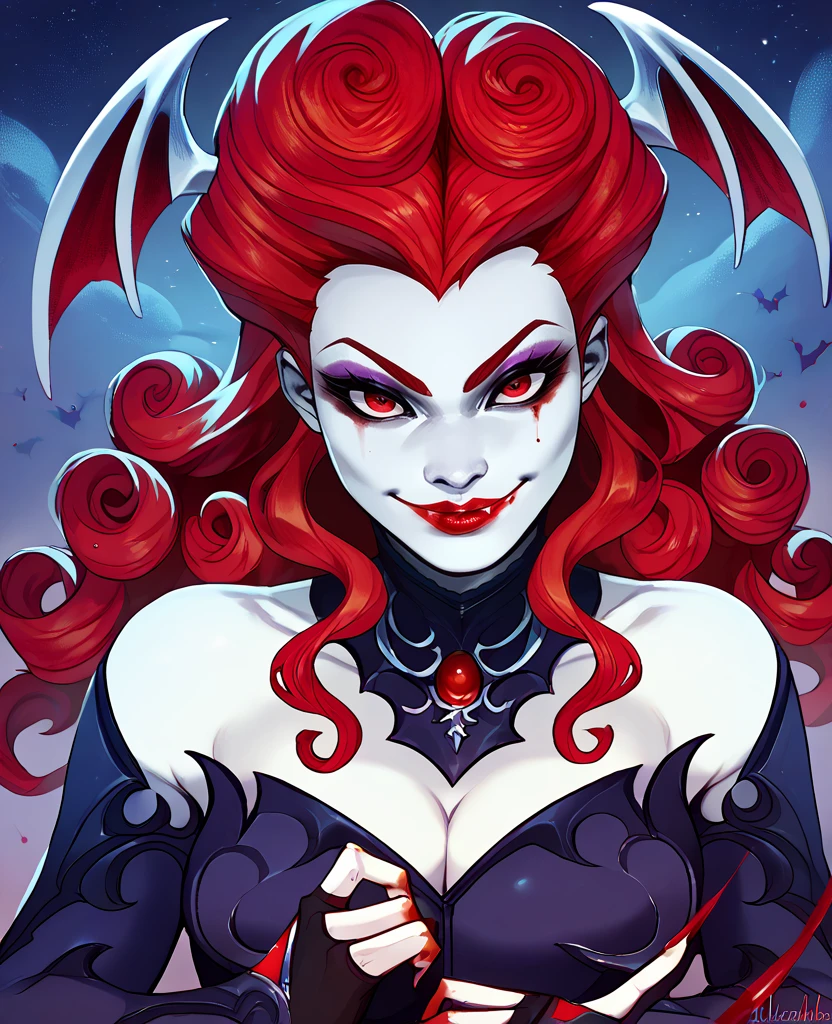 score_9,score_8_up,score_7_up,score_6_up,
Lillithxl,long red curly hair,pale skin,lips,red eyes,makeup,
head wings,detached sleeves,bare shoulders,cleavage,dress,jewelry,red skirt,
fingerless gloves, evil smile,   
night,moonlight,  blood,  fantasy, 
<lora:Lillith:0.9>,