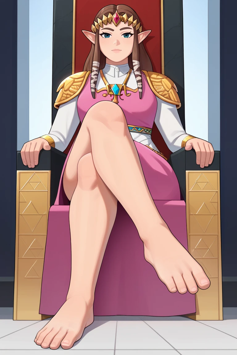 score_9, <lora:jamesab-guy-PONYv1:1>, 1girl, solo, princess zelda, throne, sitting, looking at viewer, crossed legs, thighs, brown hair, dress, barefoot, foot focus,