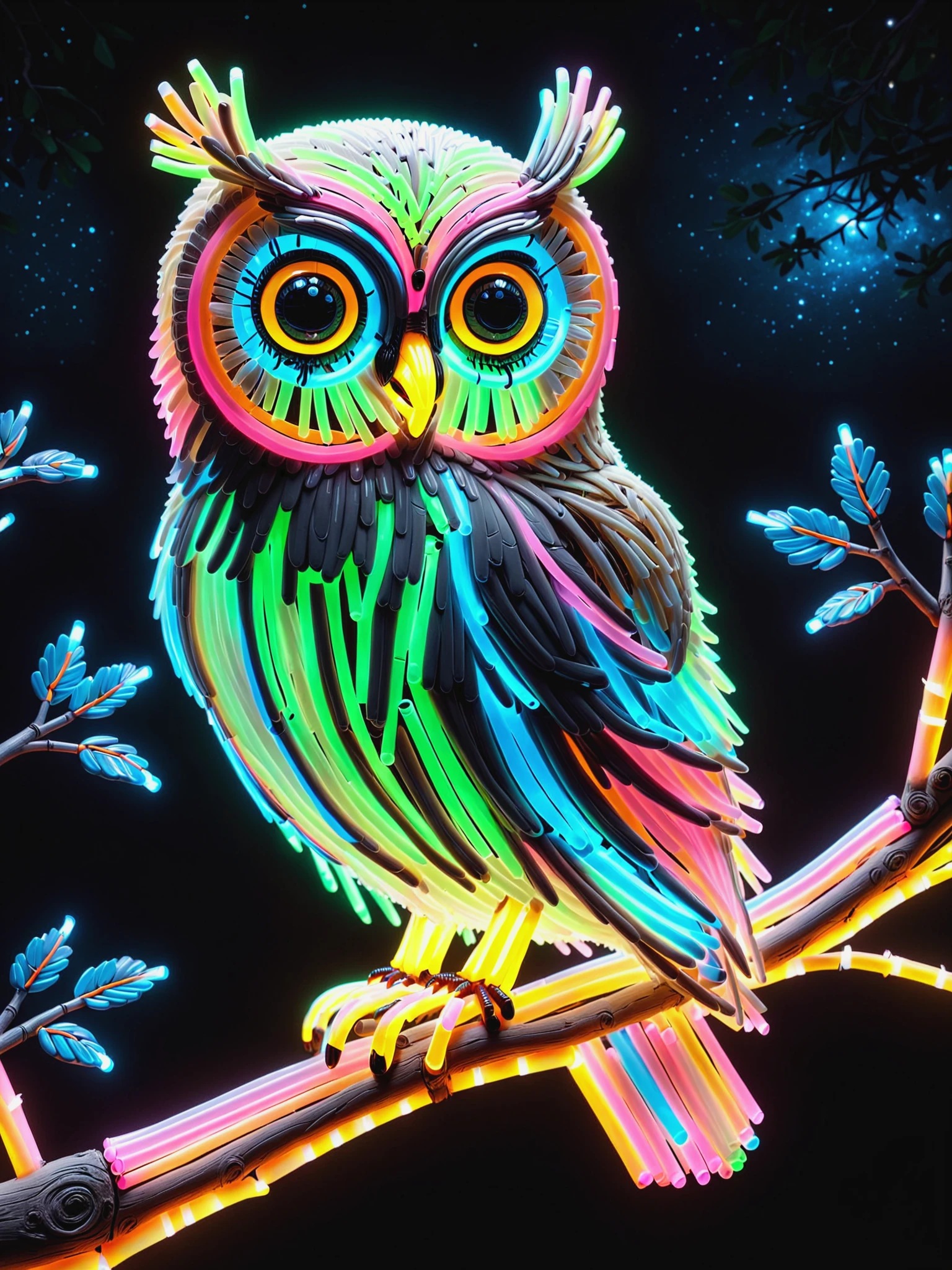 colorful owl made of mad-glowstick on a tree branch, night sky, <lora:Glowstick_SDXL:1>, (masterpiece:1.2), best quality, (hyperdetailed, highest detailed:1.2), high resolution textures