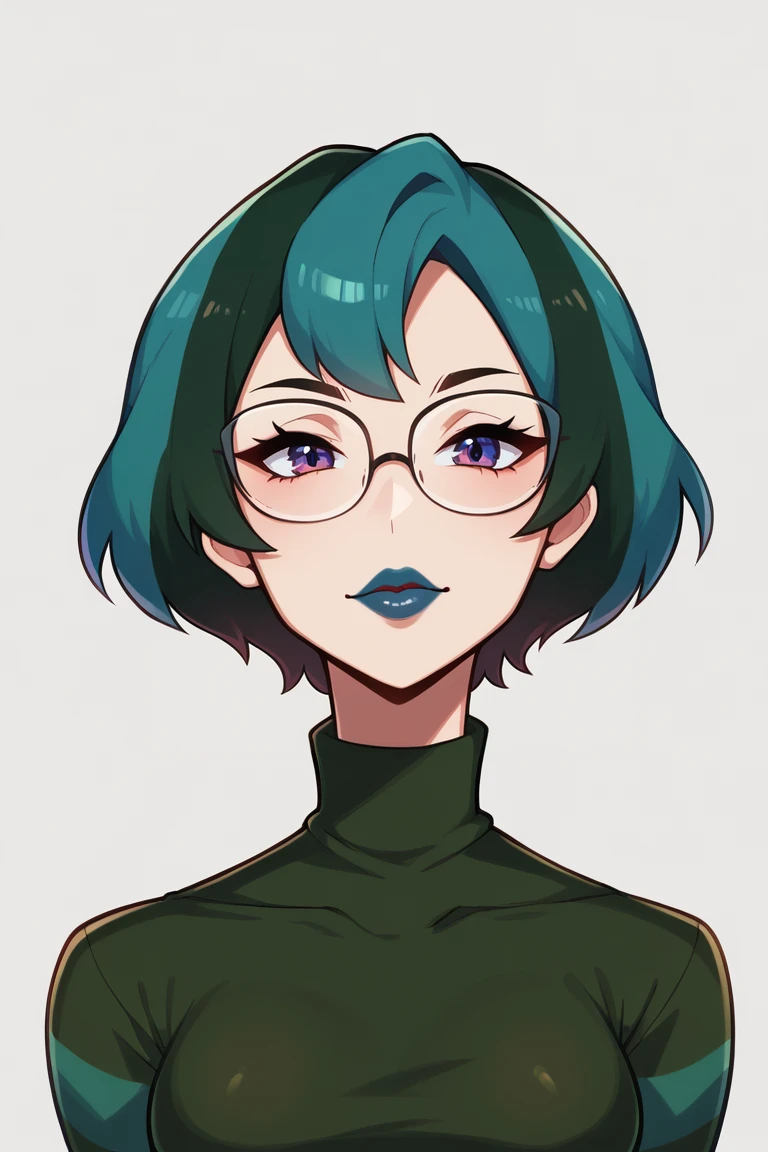 score_9, score_8_up, score_7_up, BREAK <lora:touyarokii-guy-PONYv1:1>, 1girl, solo, breasts, <lora:gwentd-guy-ponyv1:0.8> gwentd, two-tone hair, lipstick, turtleneck sweater, glasses, looking at viewer, portrait,