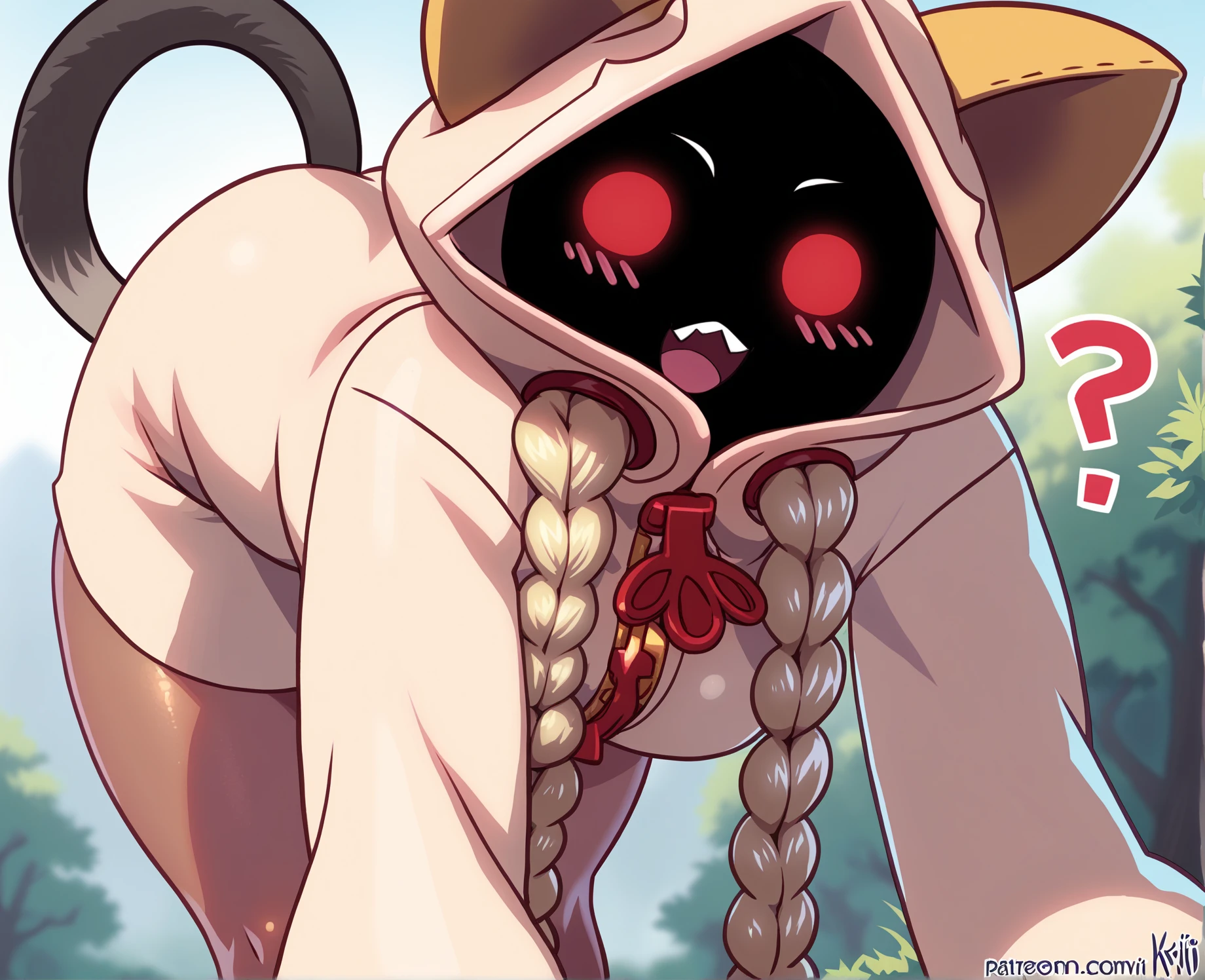 score_9, score_8_up, score_7_up, score_6_up, score_5_up, score_4_up, source_anime, haj, exly, nh8, taokaka, animal humanoid, cat humanoid, felid, felid humanoid, feline, feline humanoid, humanoid, kaka \(blazblue\), mammal, mammal humanoid, bent over, blush, blush lines, braided hair, breasts, clothed, clothing, curvy figure, female, hair, hands on hips, hoodie, logo, open mouth, pigtails, question mark, red eyes, shadow face, solo, tail, talking to viewer, tan clothing, tan hoodie, tan topwear, thick thighs, topwear, twin braids, wide hips, zipper down, low-angle view, front view, detailed background, outside, hiking, nature, trail, outside, tree, looking at viewer, simple face, happy
<lora:taokaka_pdxl:1>