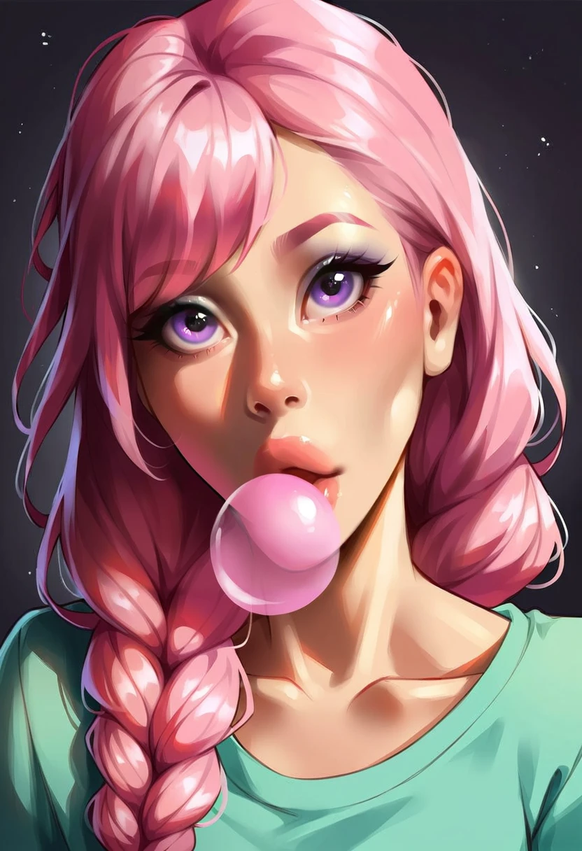 very beautiful and aesthetic, raw photo, realistic, score_9, score_8_up, score_7_up, score_6, score_5, score_4, rating_safe, dark theme, 1girl, A young Asian woman with chin-length, bubblegum pink hair gazes directly at the viewer. Her large, round eyes sparkle with curiosity, their irises a gradient of amethyst and violet. Wispy strands of hair escape her braids, framing a face aglow with soft light. The background fades into a hazy cerulean, highlighting the delicate brushstrokes that capture the texture of her hair and the soft shading of her skin.