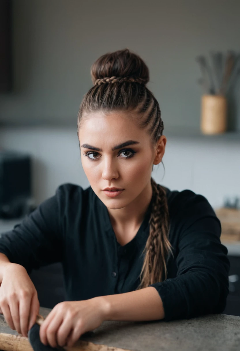 inematic film still of extremely badass badass woman Axe Thrower, portrait, braided sides, Brunette Messy Bun, looking at viewer, Sitting on Edge of Table or Counter, analog photo, model face, 22 years old, (sidecut:0.7),Golden Hour, blurry background,",