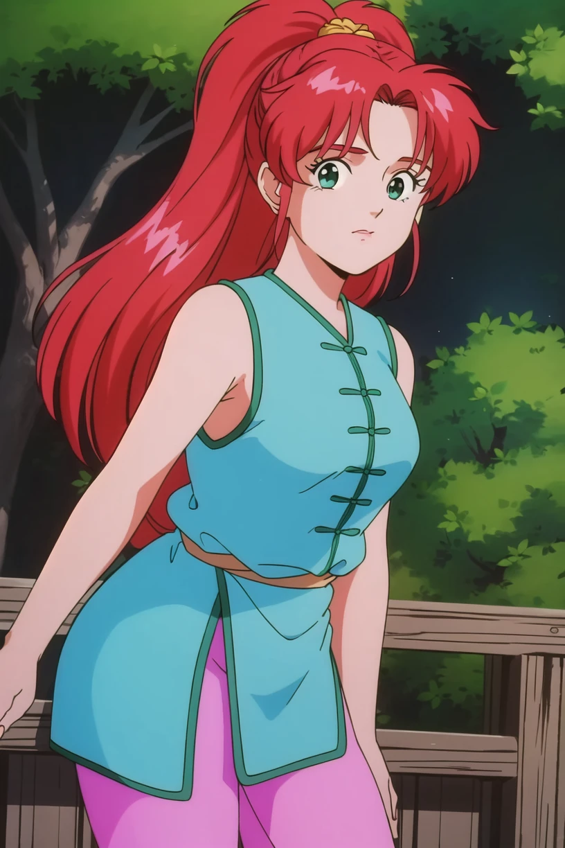 best quality,masterpiece,looking at viewer,1girl,absurdres,
depth of field,retro artstyle,1990s \(style\),<lora:021-ä¸åå°å½å®¶-卿¢
丽V2:0.7>,zhou meili,red hair,long hair,green eyes,ponytail,sleeveless,cyan chinese clothes,cyan vest,cloth belt,pink pants,