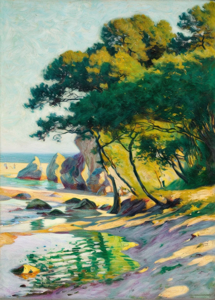 podkowinski on the beach, sea rocks and trees in the background <lora:podkowinski:0.9>