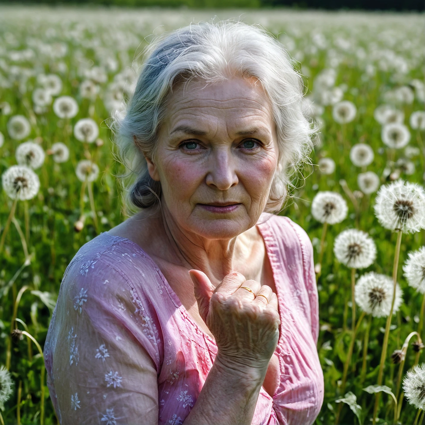 RAW photo, full body portrait of a beautiful 70 year giant old woman, wrinkled face, pink summer dress, she stands in meadow full of dandelions, full sharp, detailed face, blue eyes, (high detailed skin:1.2), 8k uhd, dslr, soft lighting, high quality, film grain, Fujifilm XT <lora:dandelion-000006:0.2>
dappled light on face, ((shiny green eyes)), (open eyes), grazing light, few pale freckles, pale skin, snow white skin, oiled shiny skin, dry skin, powdered skin, porcelain skin, blush, flushed cheeks, wrinkles, dark circles under the eyes, beauty spot, moles, blackhead, visible skin detail, dark circles under the eyes, acne scars, goosebumps, remarkable detailed pupils, (perfect eyes), ((perfect hands with four fingers and one thumb each)), four fingers, one thumb