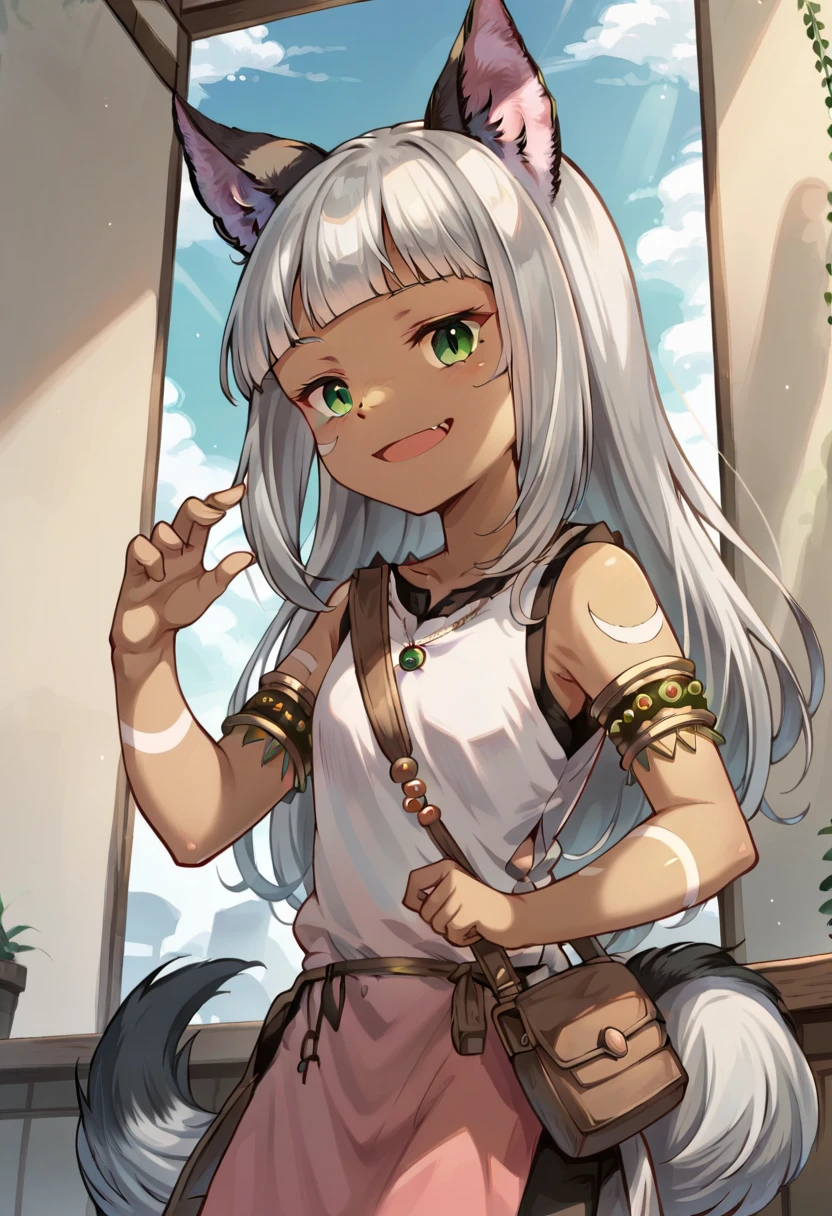 1girl, solo, long hair, bangs,  loincloth, animal ears, green eyes, tail, white hair, wolf ears, dark skin, blunt bangs, dark-skinned female, facial mark, wolf tail, armlet, slit dress, <lora:PonyXL Ochette V1:1>  score_9, score_8_up, score_7_up, score_6_up, score_5_up, score_4_up , anime coloring ,BREAK source_anime, anime,
upper body, smile,
indoors, cafe,