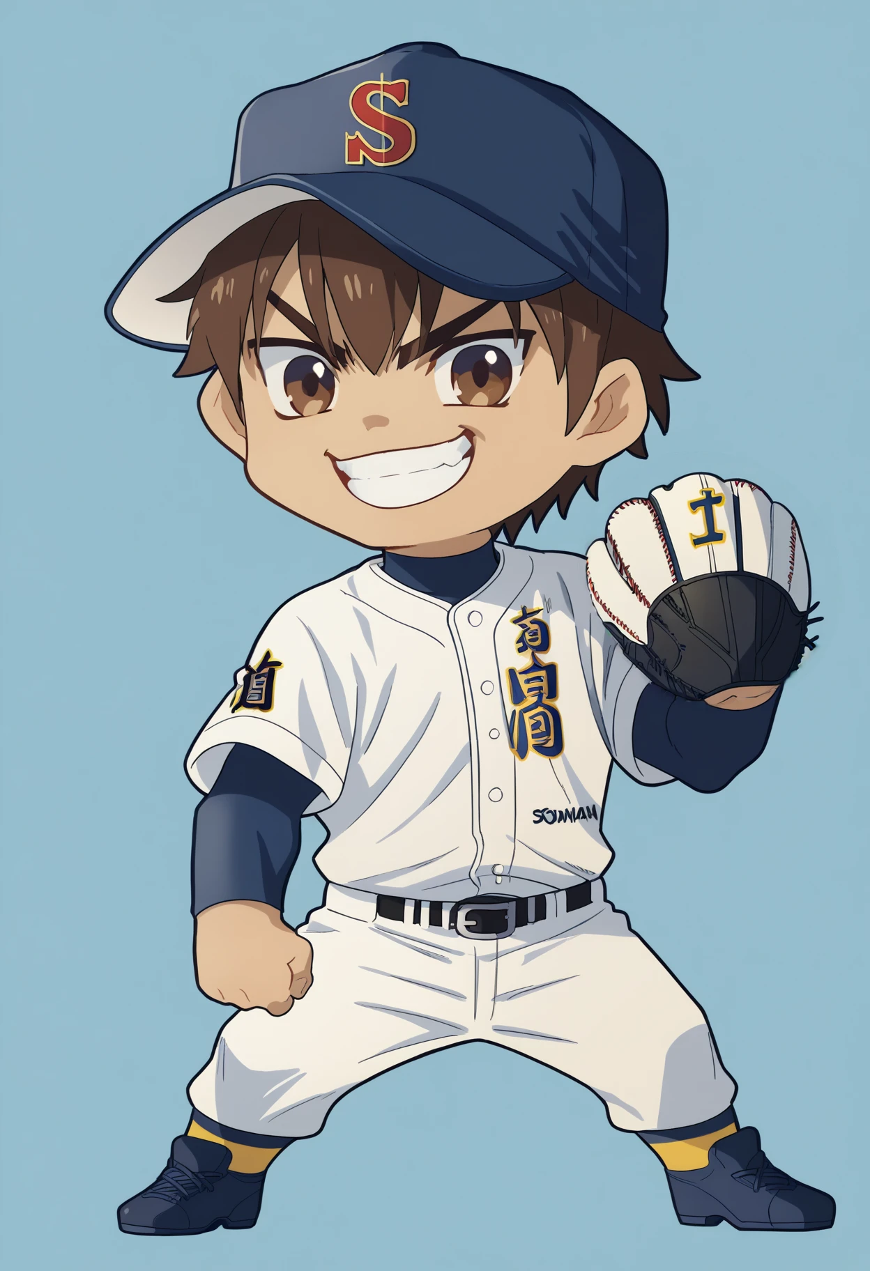 score_9, score_8_up, score_7_up, source_anime, RythSawaPony, Sawamura Eijun \(Ace of Diamond\), 1boy, brown hair, baseball uniform, grin, looking at viewer, chibi, solo, thumb up, baseball cap, simple background, blue background, baseball mitt, r<lora:SawamuraEijunPony:1>,