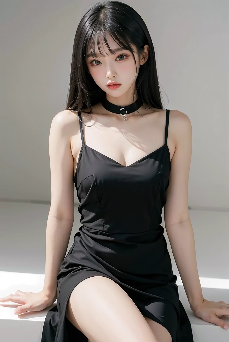 1girl, black dress, white background, <lora:yena_jigumina-02:1>