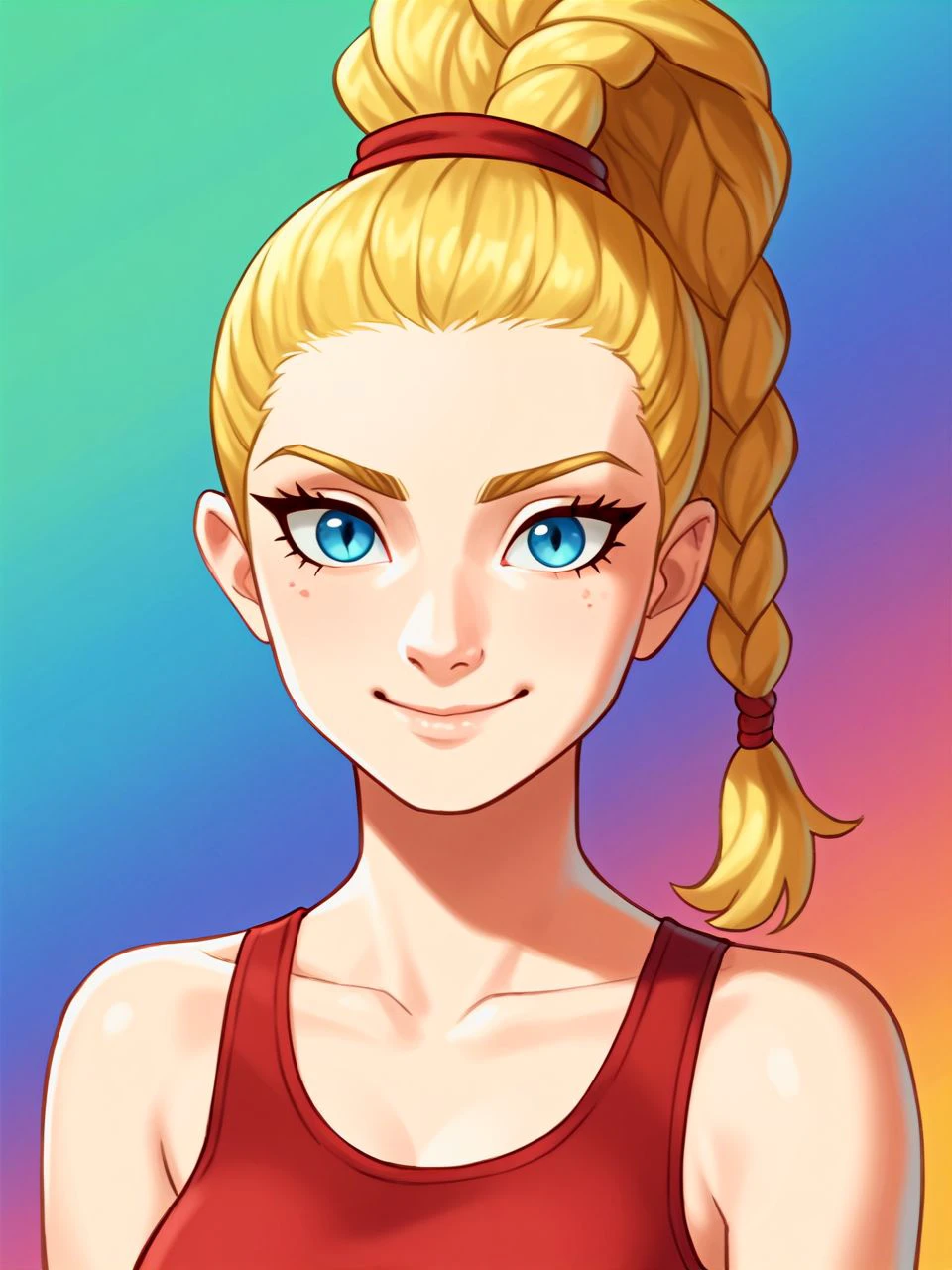 score_9,score_8_up,score_7_up,score_6_up, BREAK
long tritails, braided hair, hair tie, blonde hair, blue eyes, vertically slit pupils
red tanktop
seated pose, (upper body:1.1), warm slight smile, closed mouth, looking at viewer
(portrait studio, colorful abstract background, textured portrait backdrop:1.1)
 <lora:joEHZ_PDXL:1> joehz