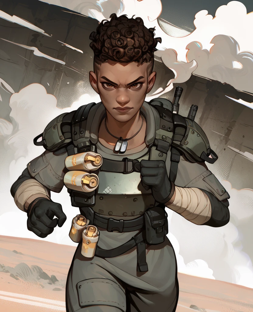 score_9,score_8_up,score_7_up,score_6_up,
BangaloreXL,brown eyes,
short curly hair,gloves,
light smile,serious,
running,
tactical armor,grey tunic,black gloves,shoulder armor,dog tags,looking at viewer,
smoke trail in background,plains,<lora:Bangalore:1>,