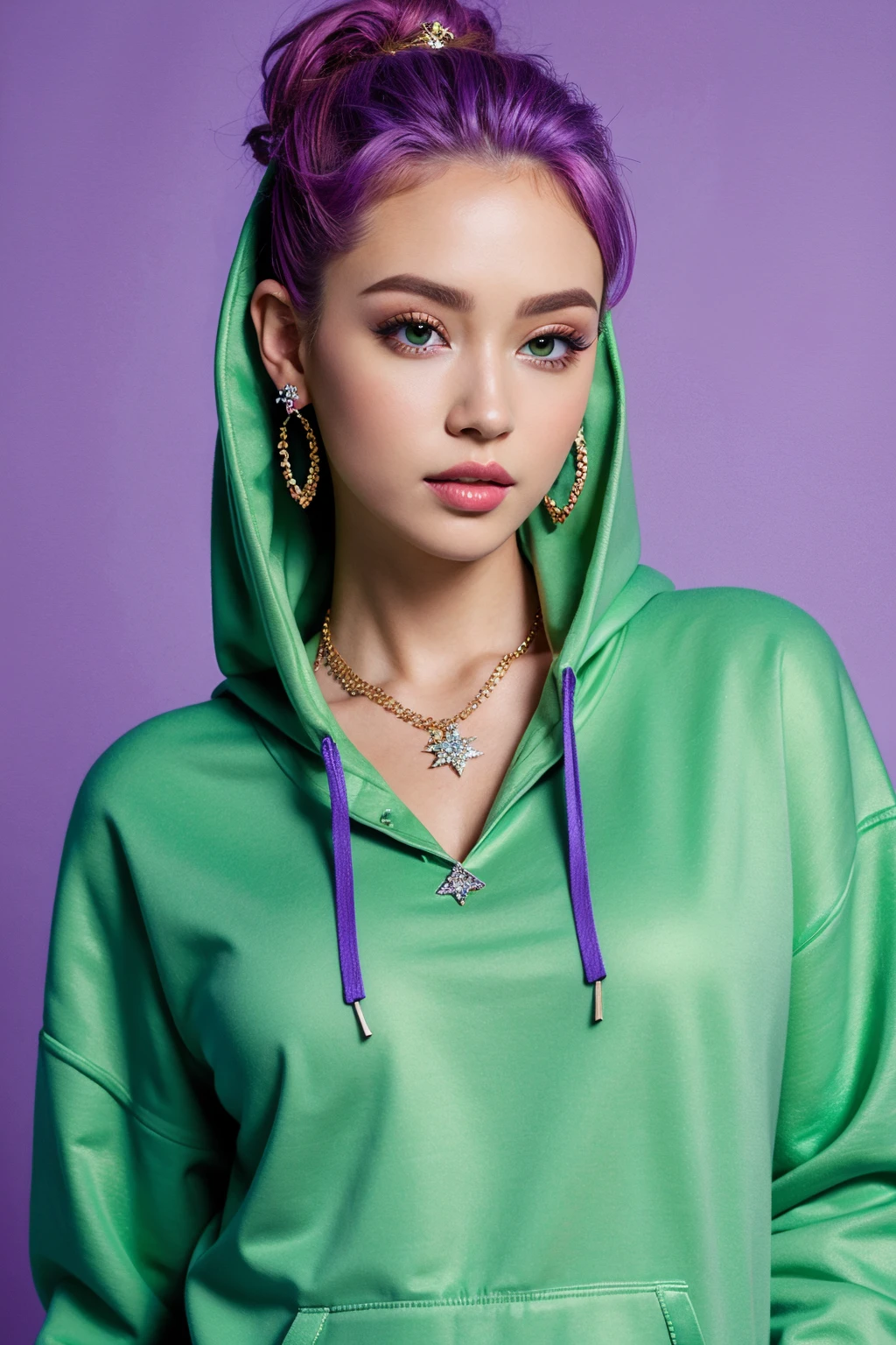 hyper realistic, masterpiece, best quality, ultra detailed, photorealistic, 1girl, hip-hop, large hoodie, purple hoodie, hot pants, diamond necklace, diamond earrings, green hair simple background
