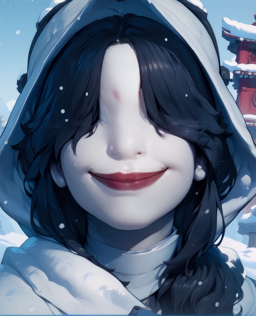 score_9,score_8_up,score_7_up,score_6_up,
flboltxl,pale skin,black hair,hair over eyes,red lips,
white bandages,hood,
close up,smile,
snow,temple,<lora:FlyingBolt:1>,