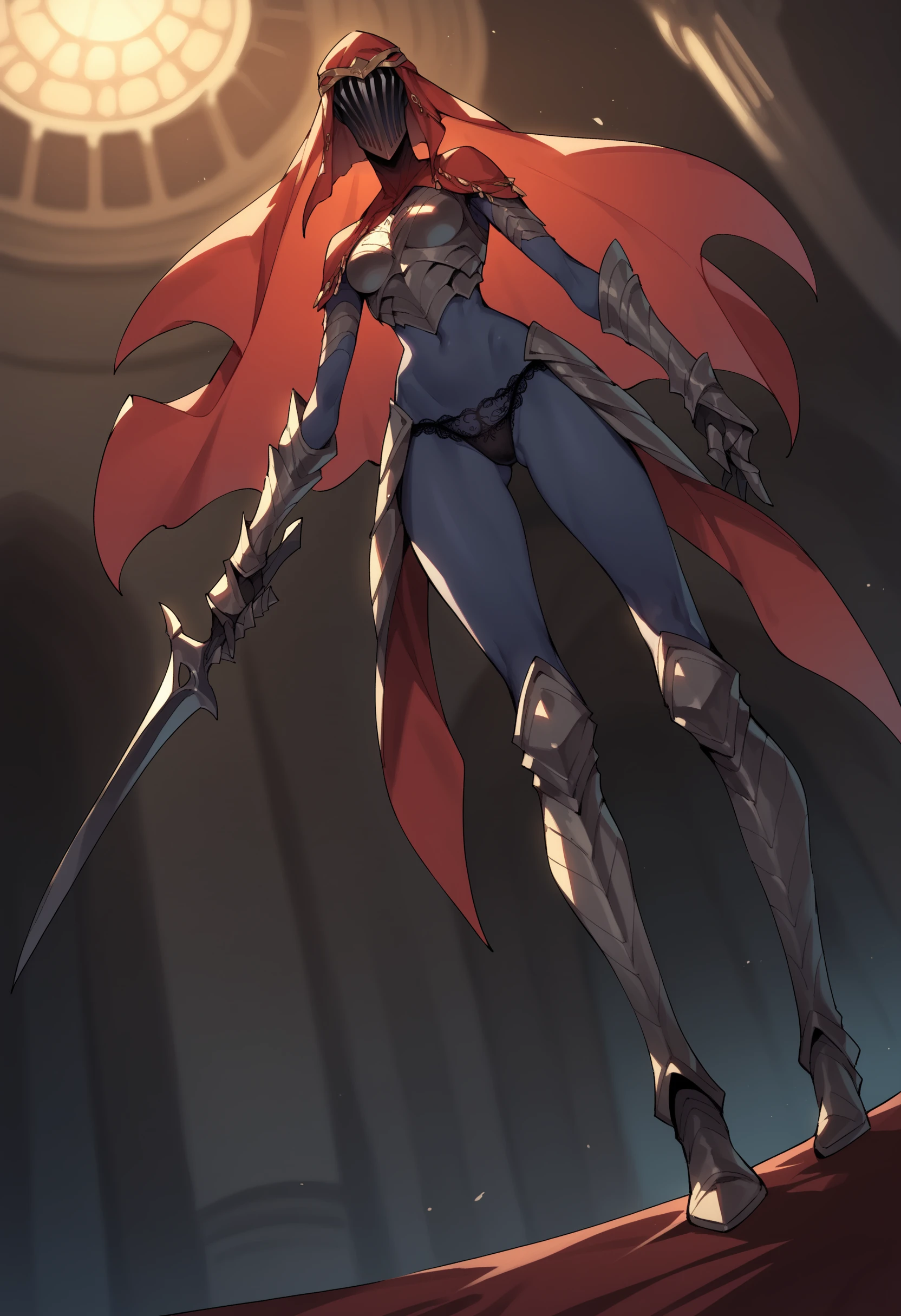 score_9, score_8_up, score_8, source_anime, <lora:DancerOTBV:0.8> 1girl, faceless, armor, helmet, red veil, gauntlets, boots, colored skin, blue skin, slim build, slender arms, slender legs, from front, breasts, high heels, view from below, black lace panties, standing, 
castle background, blurry background,