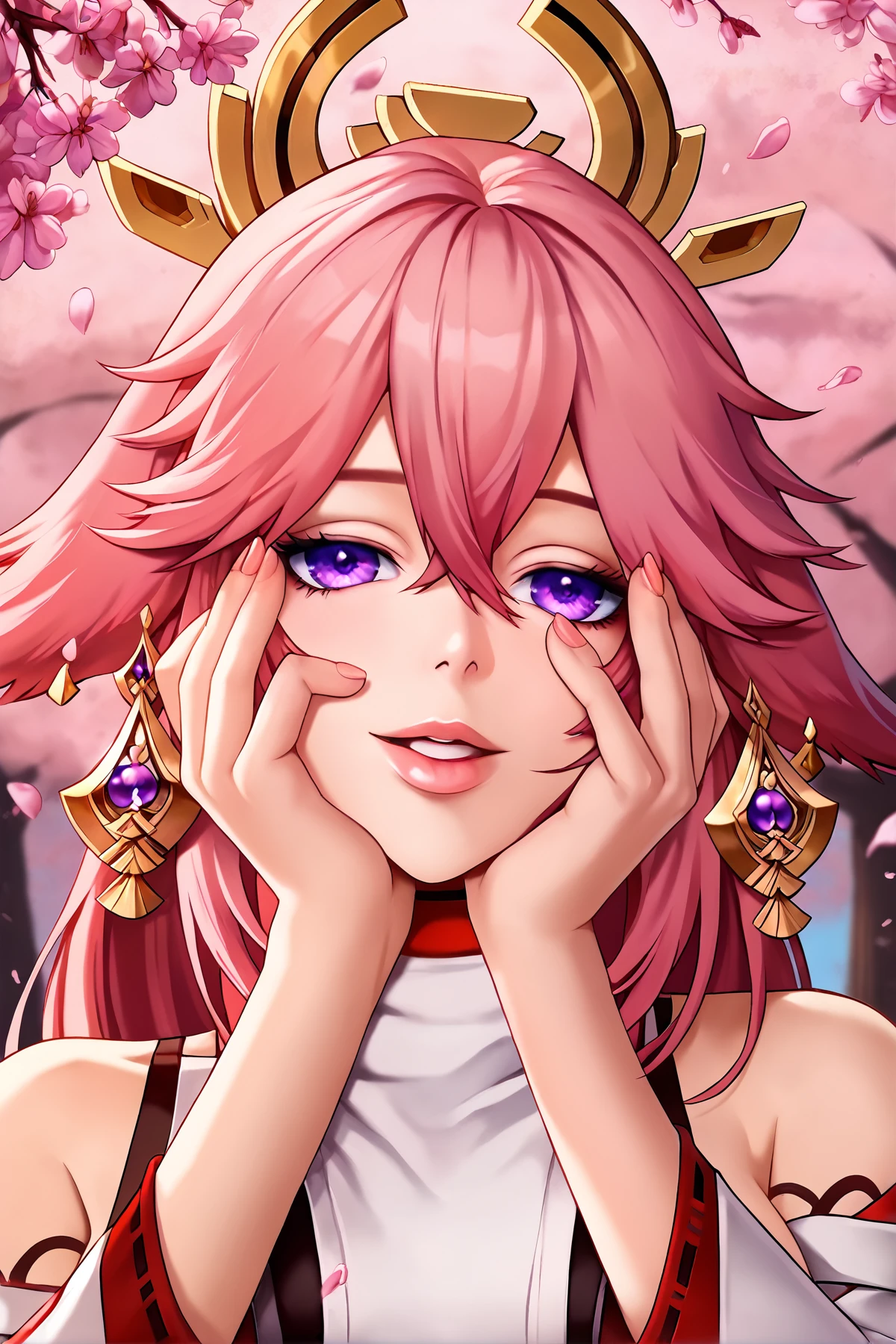 score_9,
<lora:yandere_trance_v1_unpruned:1>, yandere trance, close-up, parted lips, upper teeth only, lips, light smile,
yae miko,
cherry blossoms,
high resolution, Masterpiece, detailed