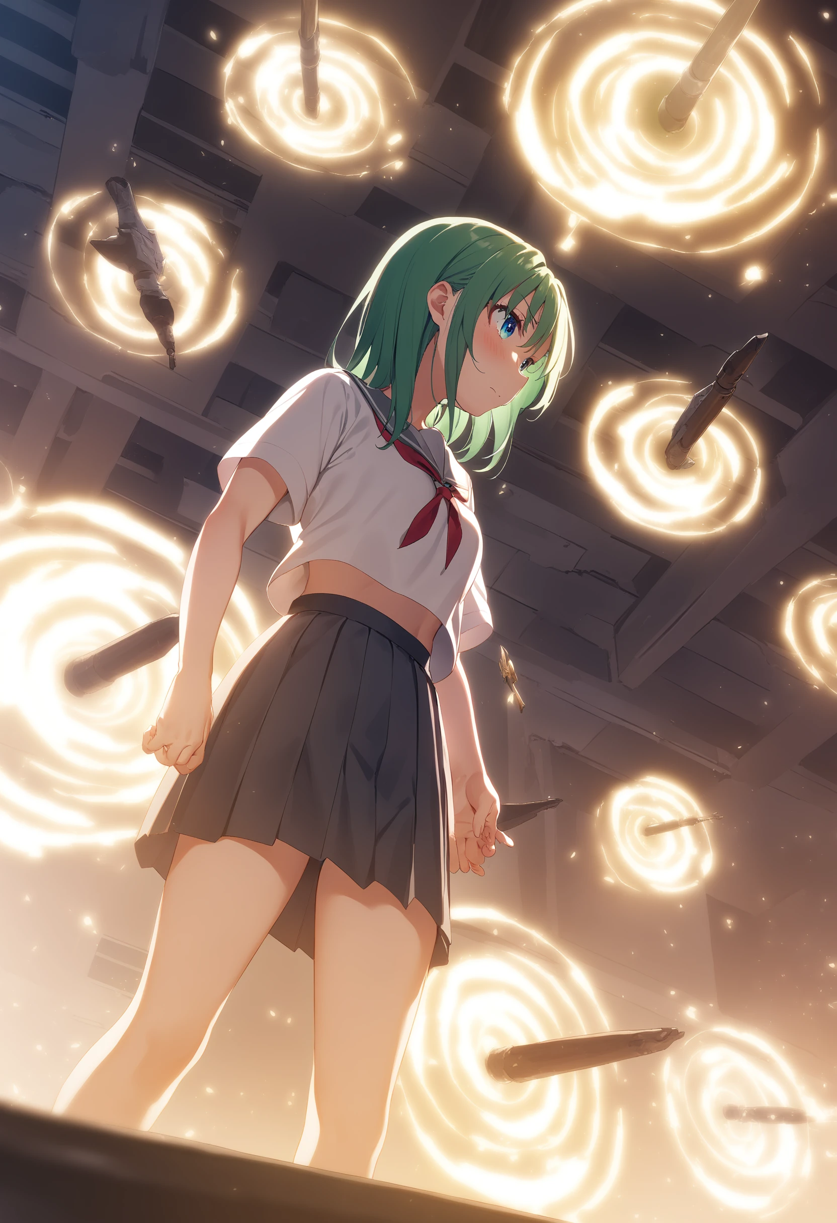 1girl,sincos, ningen mame, toosaka asagi,solo,medium breasts,school uniform,
gate of lon, floating weapon, multiple weapons,glowing,<lora:gateofbabylon_XL_v1:0.7>
ceiling, wide shot, looking away, confused, aqueduct, closed mouth, single hair,, green hair,
best quality, very aesthetic, absurdres,