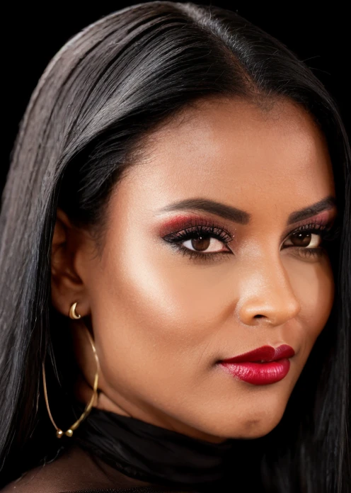 half body of A captivating masterpiece of an woman, (((dressed in a turtleneck Blouse))), The intricate lace and gold details exude a very rebellious aura. ((A bold and daring makeup look featuring ombre lips that transition from a deep, dark red at the center to a glossy black at the outer edges. The lips are expertly lined and filled in with precision, creating a gradient effect that is both edgy and sophisticated)). ((The use of high-shine gloss adds a touch of glamour and dimension to the look)), ((while the deep red and black hues give it a dramatic, vampy vibe)), The background is a dark old manor room with fireplace only giving light to room, architecture creating a exigent atmosphere., low-key photography:1.3, one rim side light, narrow lighting,, only one light source, facing camera, shallow depth of field <lora:MS_SamanthaCruuz_V1_32:0.8>