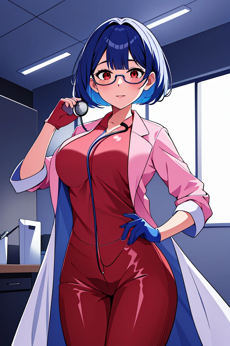 (RAW photo, best quality), operating room, overhead surgical light,blurred background, focused, dithering,backlighting,
<lora:Aya Miiko_3dCG_V3.0:0.8> aya miiko, 3dcg03, 1girl, solo, red eyes. blue hair,glasses,
<lora:brwn_doctor_uniform:0.8> bwn_doc_unif, blue gloves, pink shirt, labcoat, stethoscope,latex pants,