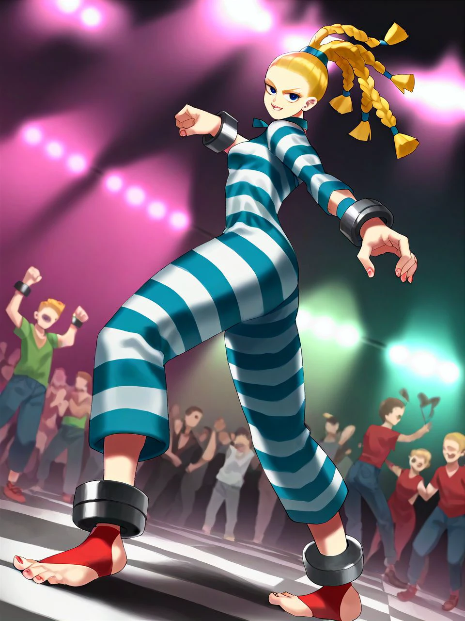 score_9, score_8_up, score_7_up, score_6_up, low angle, BREAK nightclub dance floor, rave, crowded, dancing, <lora:joEHZ_PDXL:1> joehz, braids, top tritails, blonde hair, blue eyes, cuffs, red toeless footwear, blue prison clothes,