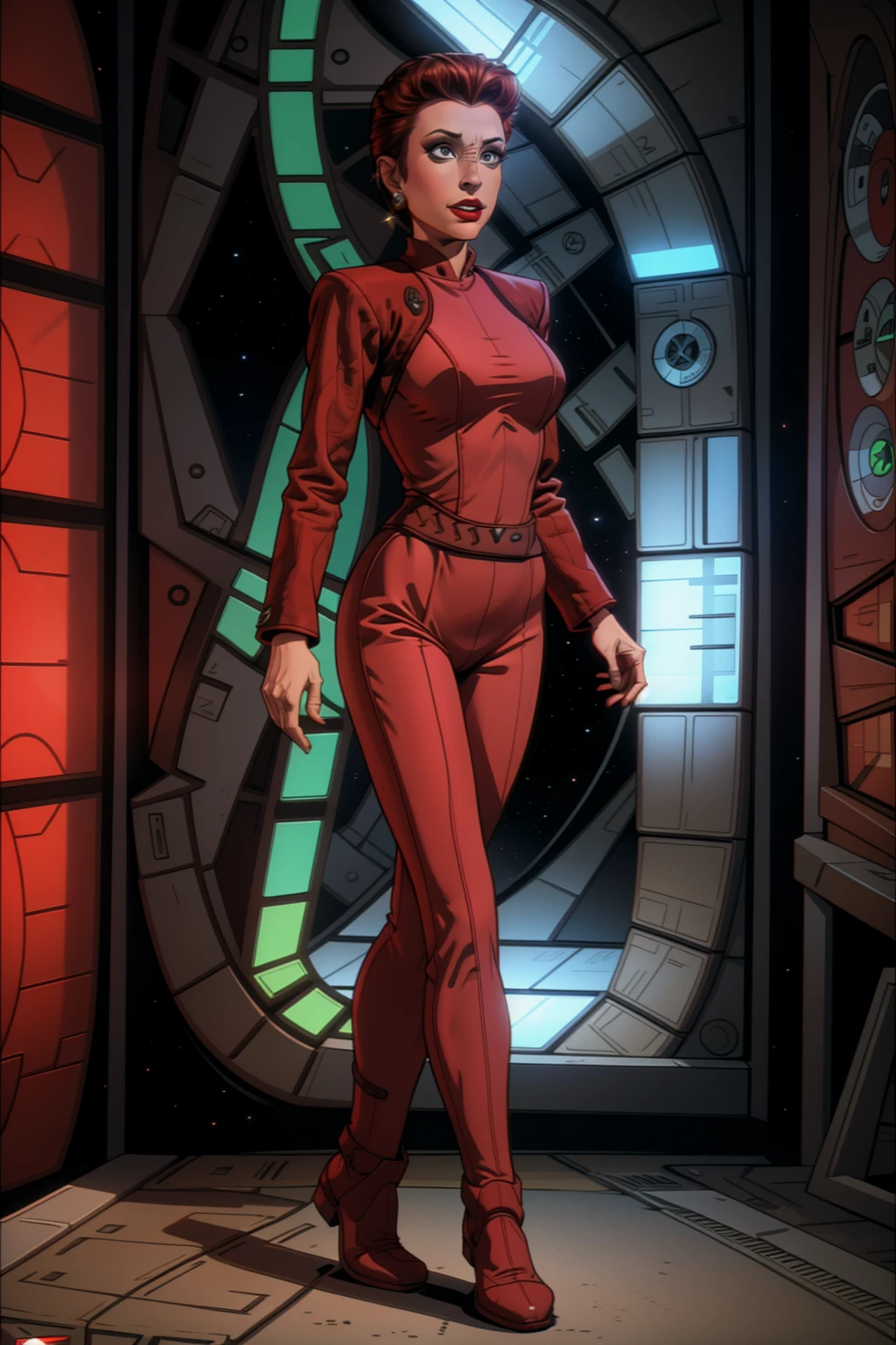 An amazing full body illustration of kiranerys, reduniform, ds9background, comic book style, flat colors, flat shading <lora:kiranerys:0.9>