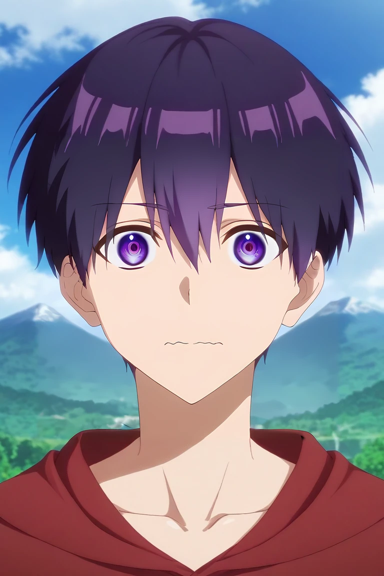 score_9, score_8_up, score_7_up, source_anime, rating_safe, intricate details, semi-realistic, looking at viewer, depth of field, 1boy, solo, male focus, <lora:yuuki_izumi_pony:0.98>, yuuki_izumi, purple hair, purple eyes, short hair, hair between eyes, symmetry, mountain, day, clouds, squatting, wavy mouth, lion costume, <lora:sdxl_lightning_8step_lora:1>