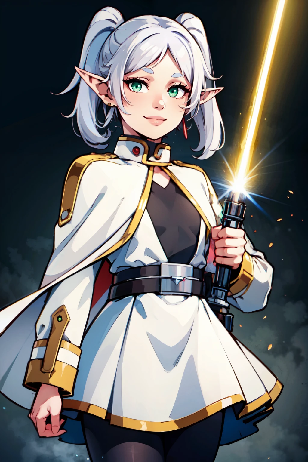 ((masterpiece, best quality)), absurdres,    ,<lora:LightSaber:0.8>, zzLightSaber,    aafrie, long hair, white hair, twintails, pointy ears, earrings, green eyes, thick eyebrows, white cape, striped shirt, long sleeves, belt, white skirt, black pantyhose , <lora:frieren_v1:0.7>  smile, cowboy shot,