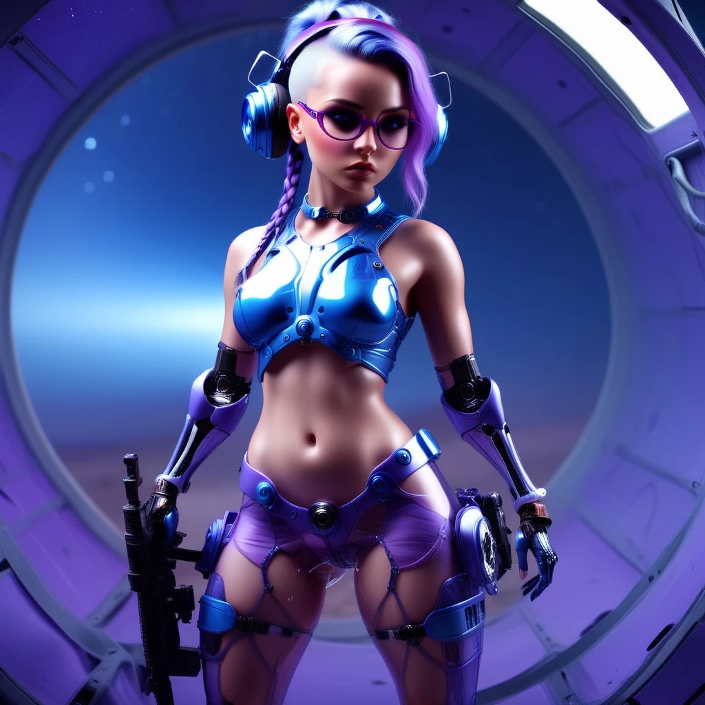 space, colored skin, blue hair, single braid, death, spread legs, nature, purple eyes, red-tinted eyewear, holding weapon, midriff, holding, see-through