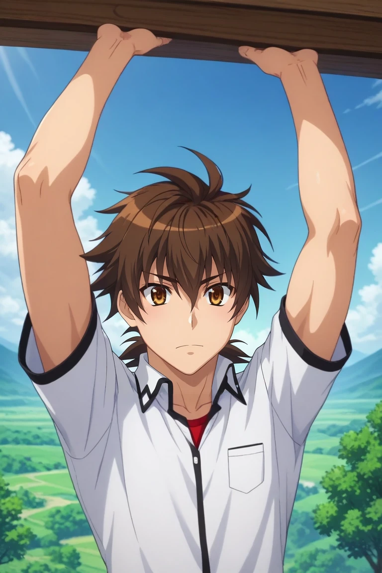 score_9, score_8_up, score_7_up, source_anime, rating_safe, , anime screencap, , official style, , , 1boy, solo, male focus, <lora:issei_hyoudou_pony:0.8>, issei_hyoudou, brown hair, brown eyes, hair between eyes, high school dxd hero, , panorama, hill, greenery, day, clouds, arms above head, skin fang, , <lora:sdxl_lightning_8step_lora:1>