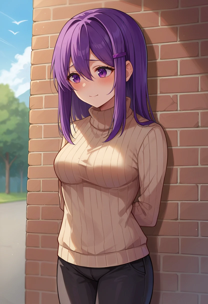 score_9, score_6_up, source_anime, 1girl, solo, cowboy shot, standing, yuri, purple hair, purple eyes, hair between eyes, hairclip, turtleneck sweater, black pants, outdoors, wall, shy, blush, hands behind back, light smile <lora:ddlcXL:0.8>