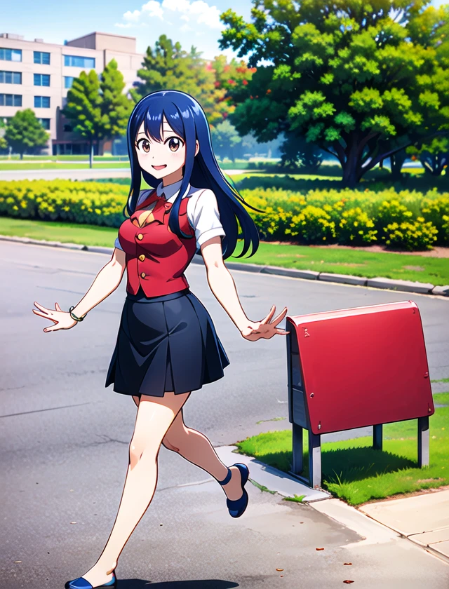 <lora:Marvell:.7>wendy marvell, school in background, happy