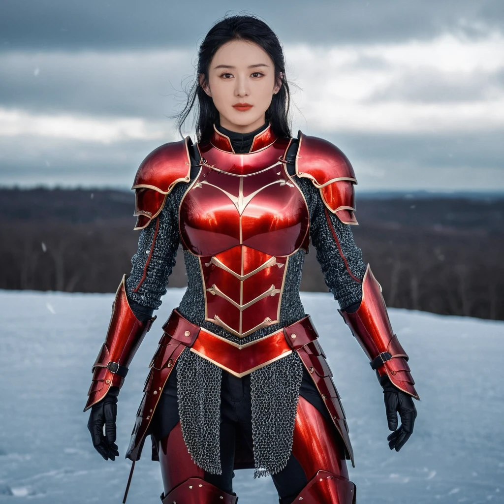 (zlying woman) <lora:lora_zly-step00004000-sd_xl_base_1.0:1>Wearing a red battle armor with metallic luster, the cold is approaching