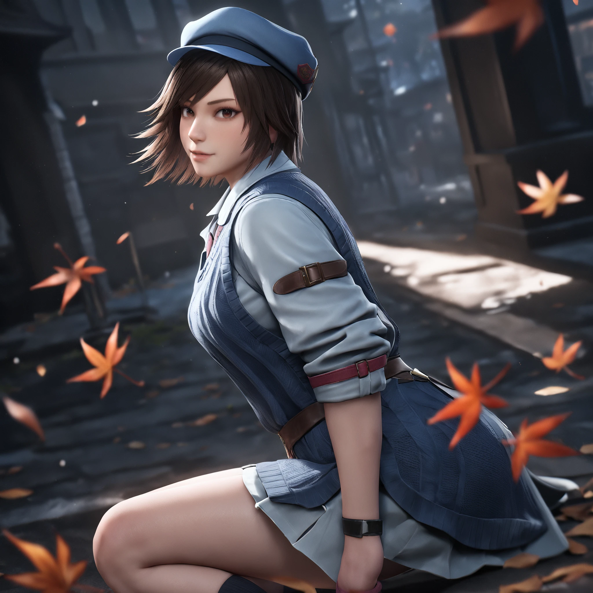 masterpiece, best quality, very aesthetic, absurdres, 1girl, asuka, brown hair, looking at viewer, hat, brown eyes, maple leaf, wind lift, socks, from side, short hair, <lora:asuka_animagineXLV31:0.7>  <lora:lily_style_xl:0.7>