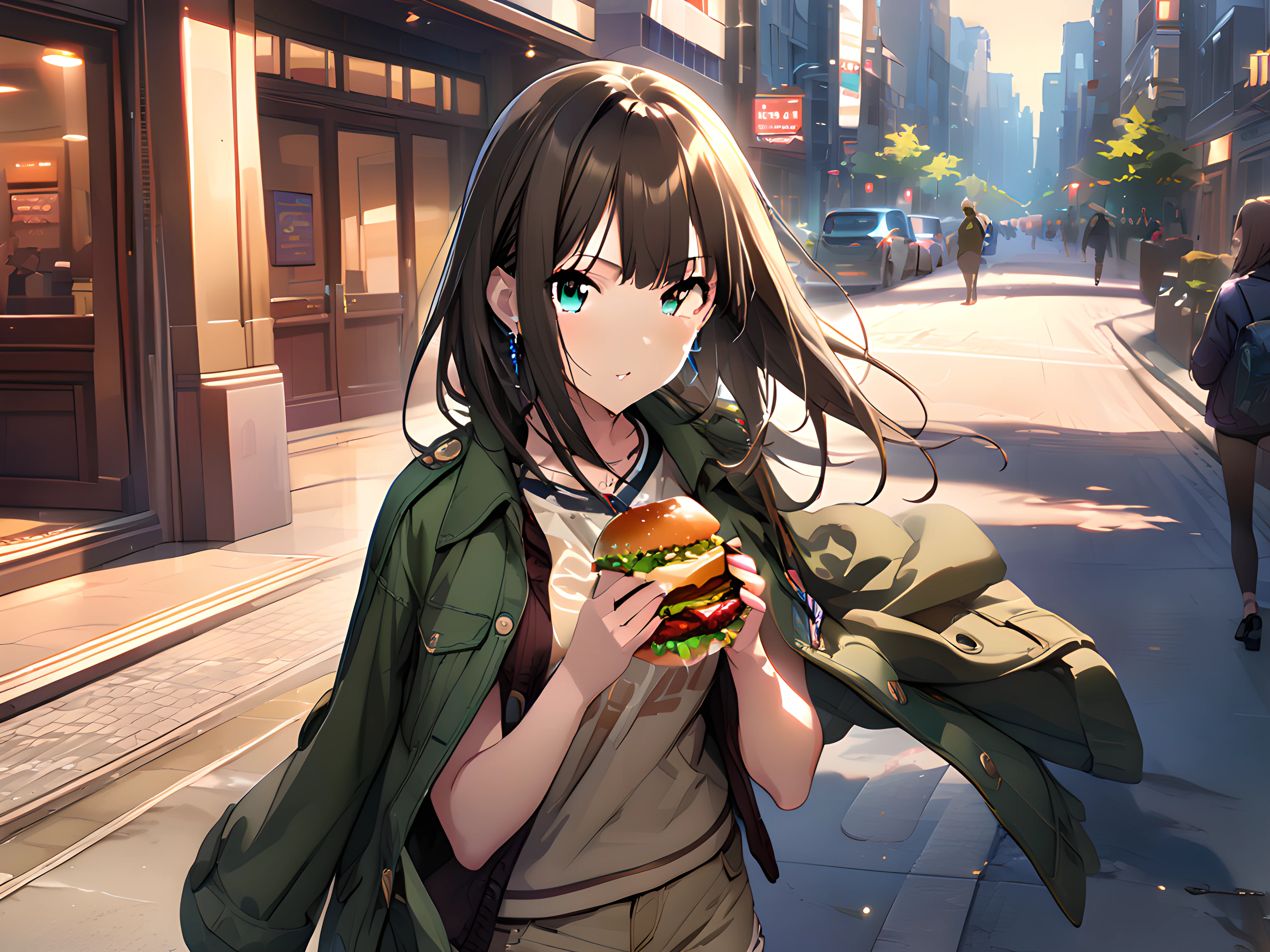 (masterpiece),(best quality),(ultra-detailed),(best illustration),(best shadow),(absurdres),(detailed background),(very aesthetic),rin shibuya, , casualoutfit, 1girl, solo, long hair, jacket on shoulders, burger, jewelry, food, brown hair, jacket, shorts <lora:rinshibuyav1:1>