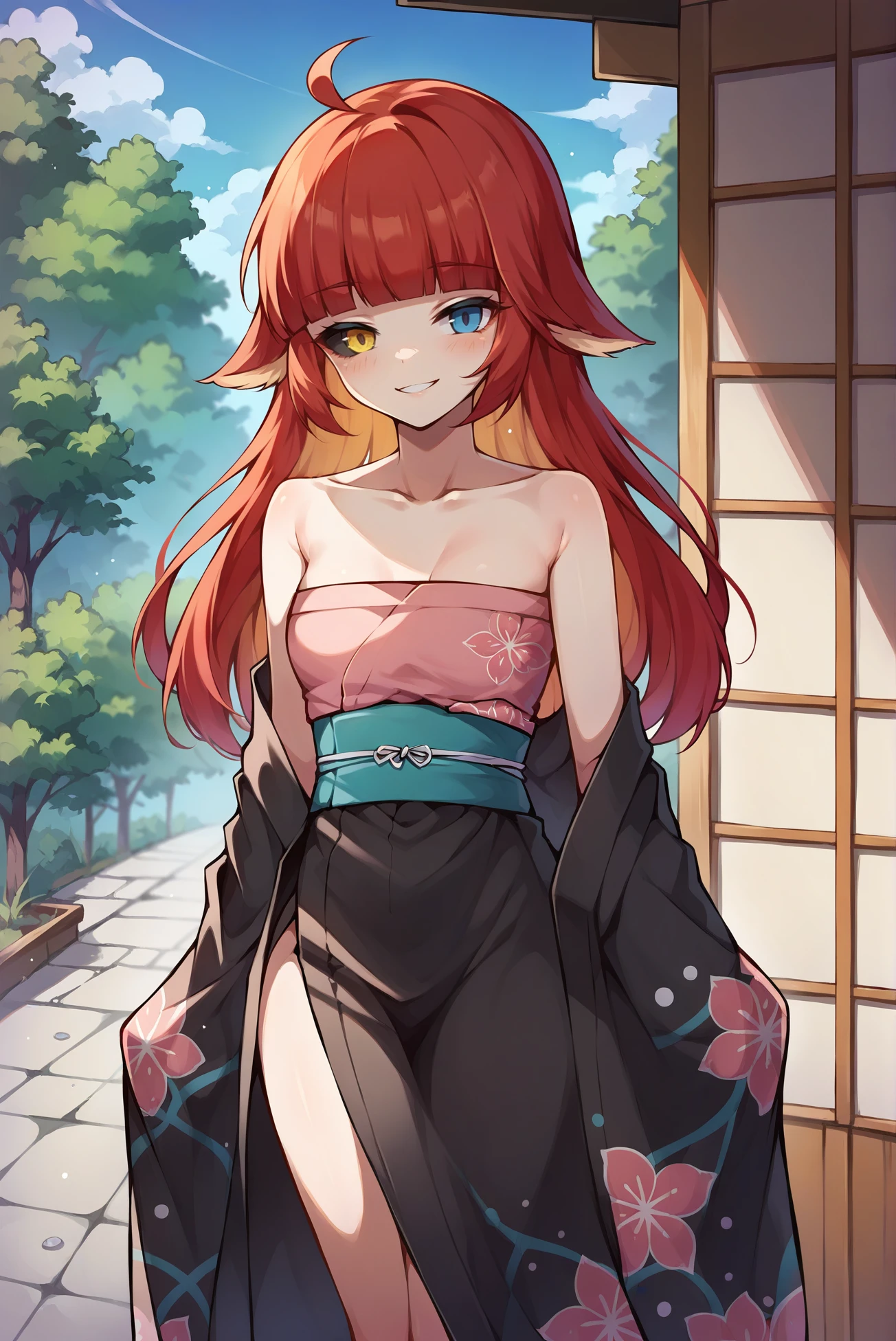 score_9,score_8_up,score_7_up,score_6_up, source anime, 1girl, slender, solo, ms kaling, <lora:KalingXL_V1:0.8>, (smile), (heterochromia, yellow eyes, blue eyes, colored sclera, long hair, red hair, small breasts, ahoge), (black yukata, floral print, obi, off shoulder, collarbone, bare shoulders, strapless:1.4), (looking at viewer, cowboy shot, from above:1.2), outdoors, day, sky, (anime coloring, blunt bangs:1.4)