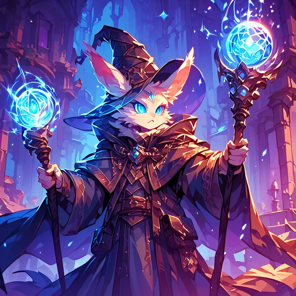 score_9, score_8_up, score_7_up, score_6_up, score_5_up, score_4_up, (a big and proud Bunny, orange bunny wizard, blue glowing eyes, wearing magical hat, holding blue magical orbstaff:1.2), village in background, vibrant, hkanimal