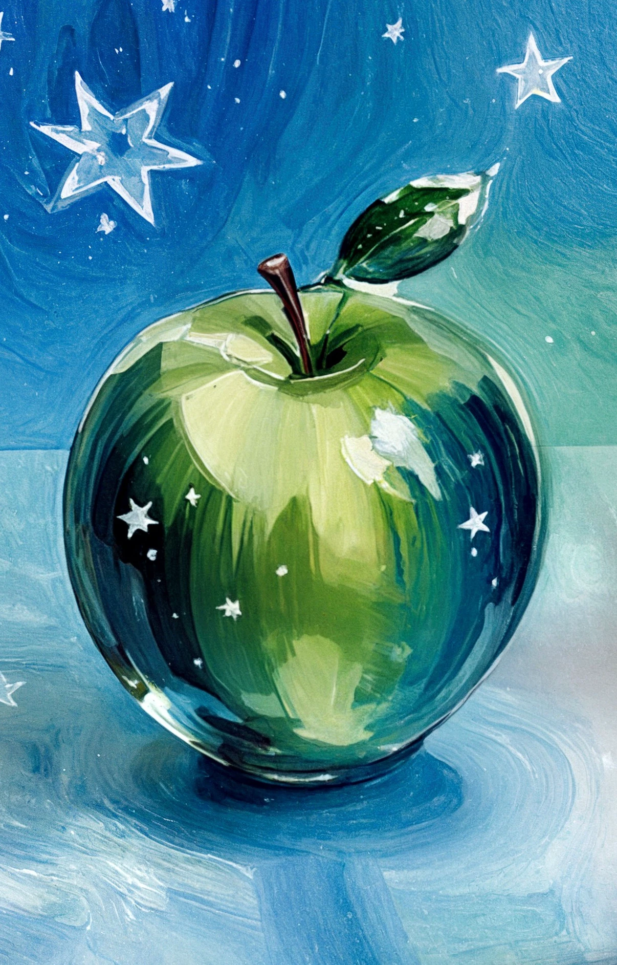 Abstract style painting,painterly style,Food paint close up of (intricate transparent glass green 1Apple statue made of a glass cut crystal galaxies,hyper realistic,ultra detailed,elegant,beautiful,1 tail),glass orb,black haze,blue haze,red haze,paths,patched planet,stars,saturn planet,snow,earth planet,Appetizing,culinary,