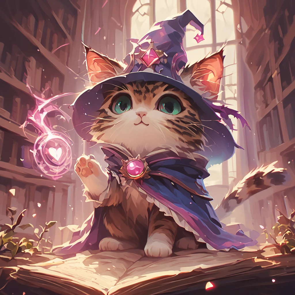 score_9, score_8_up, score_7_up, score_6_up, score_5_up, score_4_up, (cute, fluffy little cat, happy cat, wearing magical hat, casting magic spells, kawaii, big eyes:1.2), library in background, vibrant, concept art, digital art, realistic, hkmagic, hkanimal