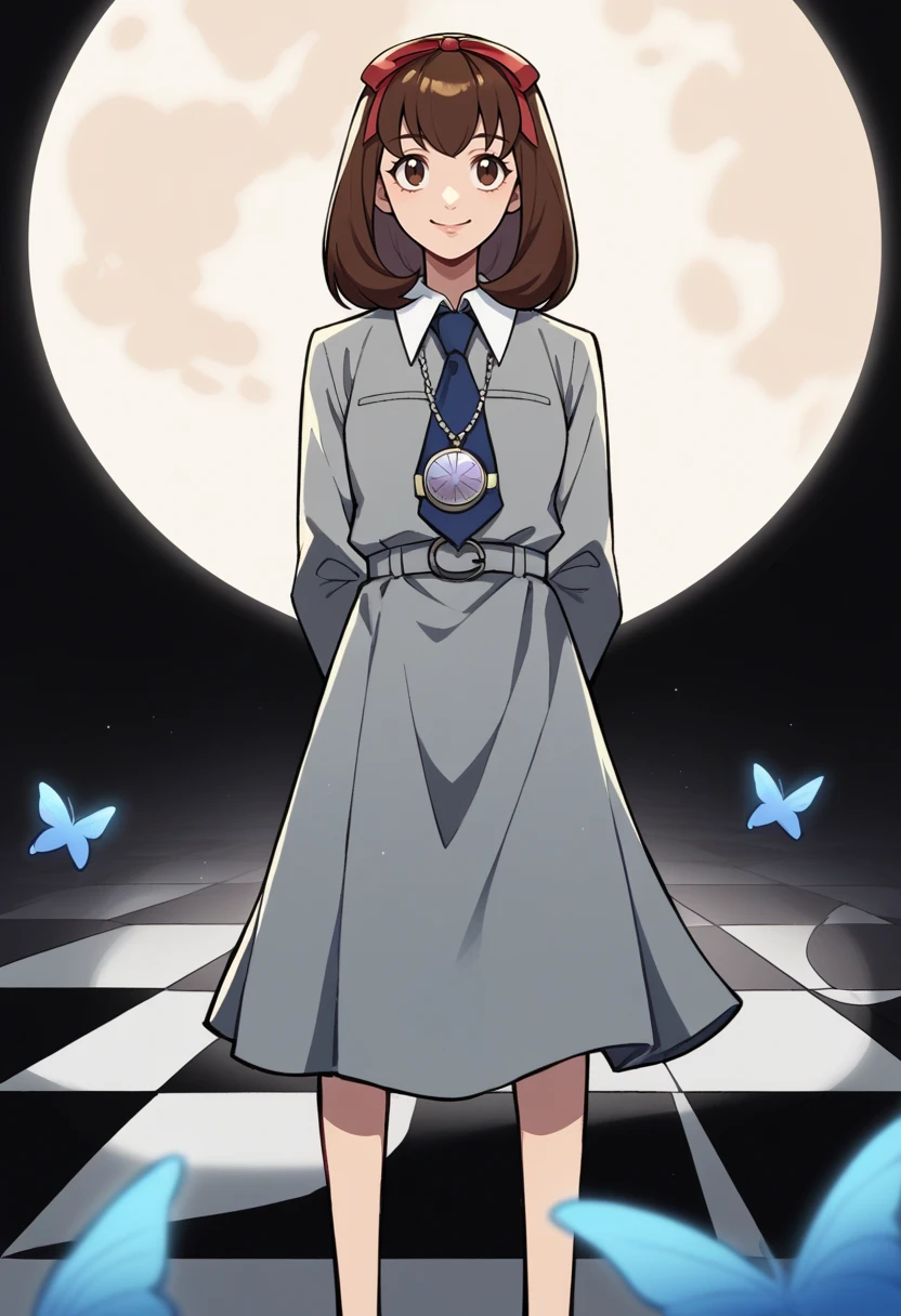 score_9, score_8_up, score_7_up, source_anime BREAK 1girl, solo,  <lora:zs_MakiXL:1> makip1, brown hair, medium hair, brown eyes, hair ribbon, grey dress, white collar, blue tie, belt, necklace, standing, black background, surrounded by blue butterflies, checkered floor, full moon, hands behind back, smile